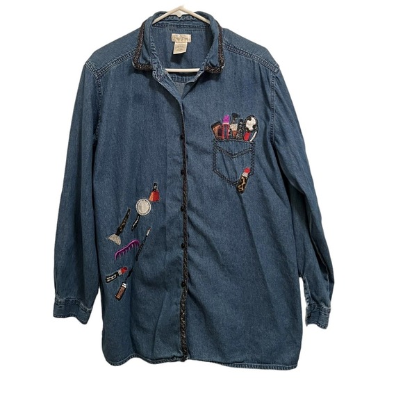 Bobbie Brooks Shirt Womens XL Denim Embroidered Makeup Brush Lipstick Nail - Picture 1 of 6